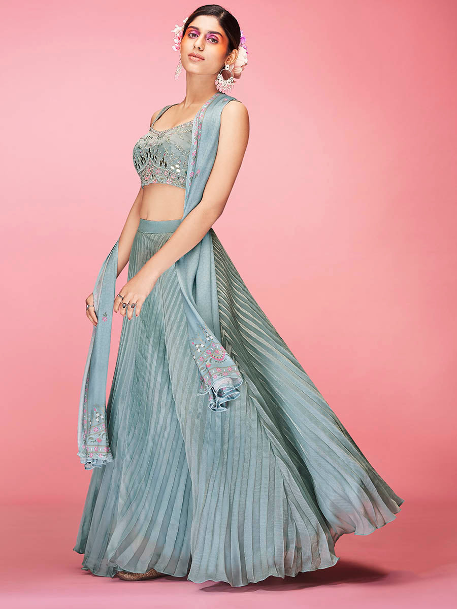 Sky Blue Art Silk Embroidered Designer Lehenga