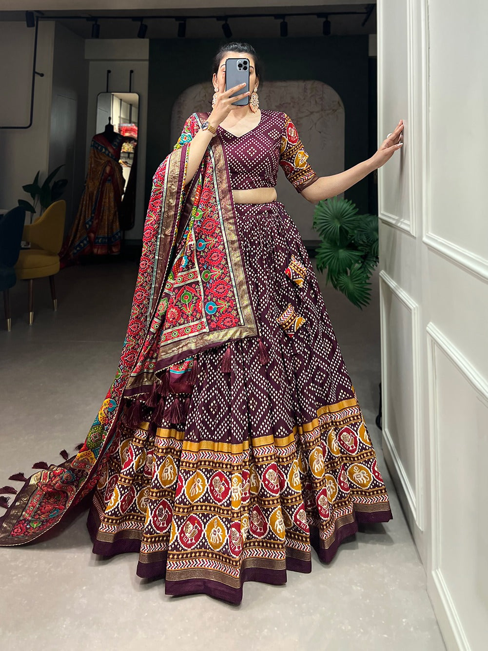 Beautifully Printed Bandhej And Patola Tussar Silk Lehenga Choli