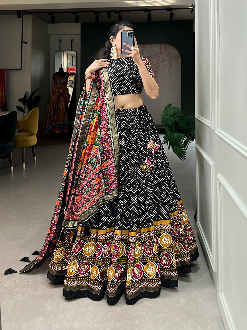 Beautifully Printed Bandhej And Patola Tussar Silk Lehenga Choli