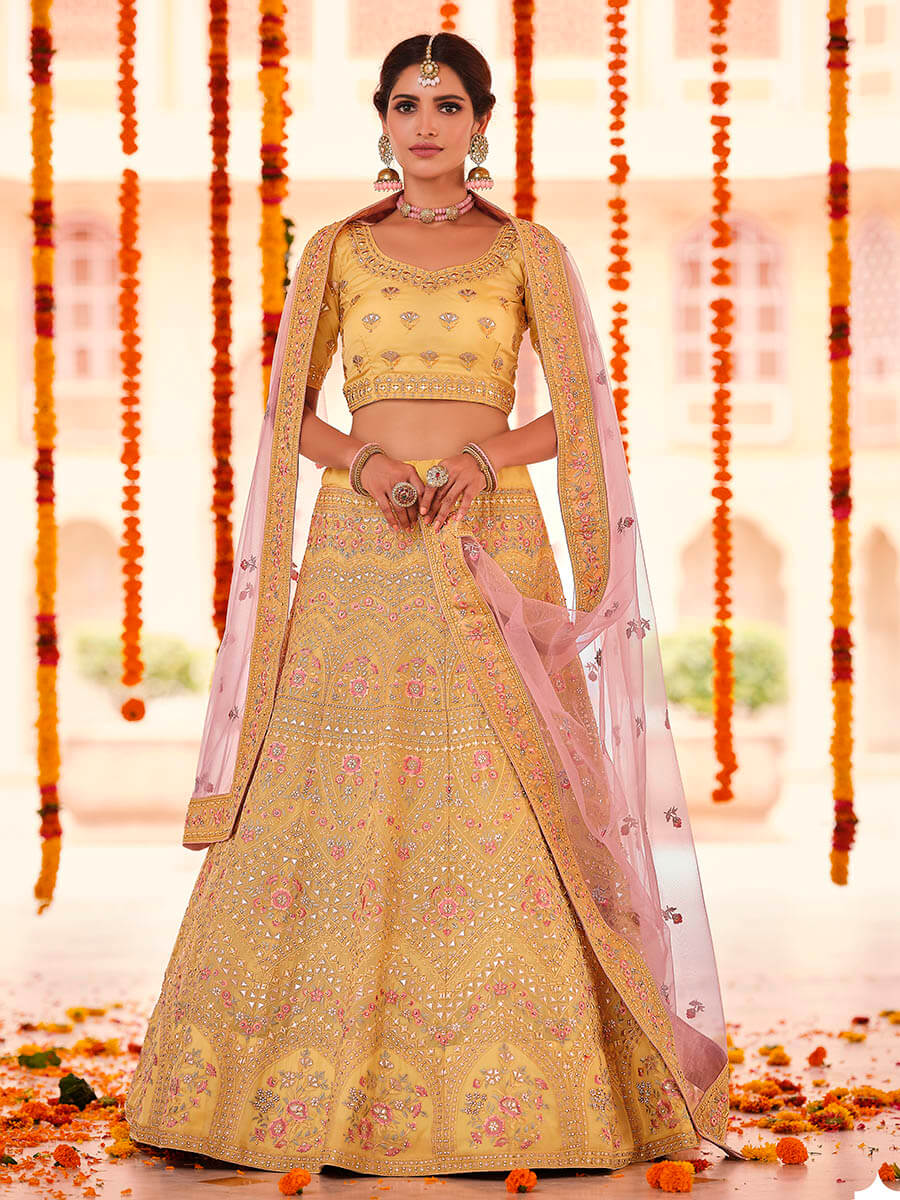 Yellow Organza Embroidered Designer Lehenga