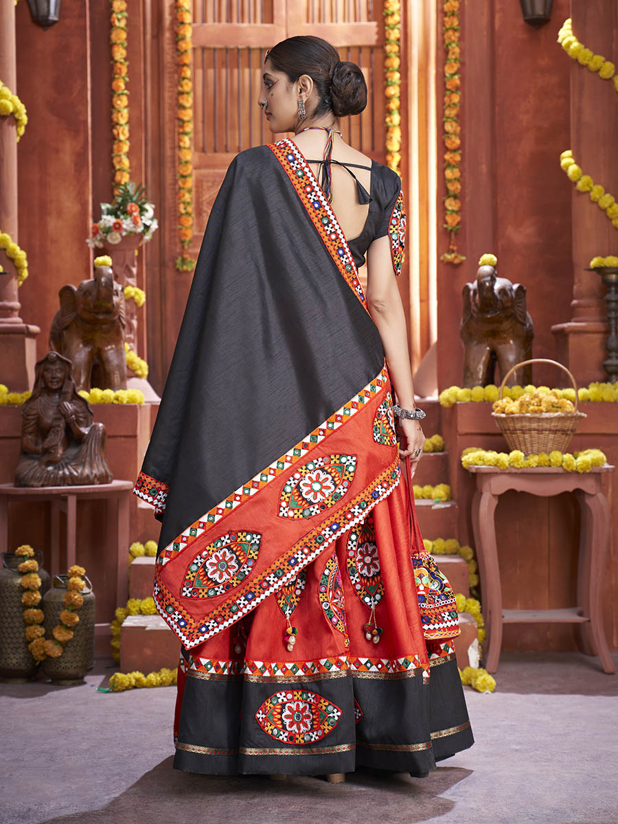 Red Art Silk Gamthi Work Designer Lehenga