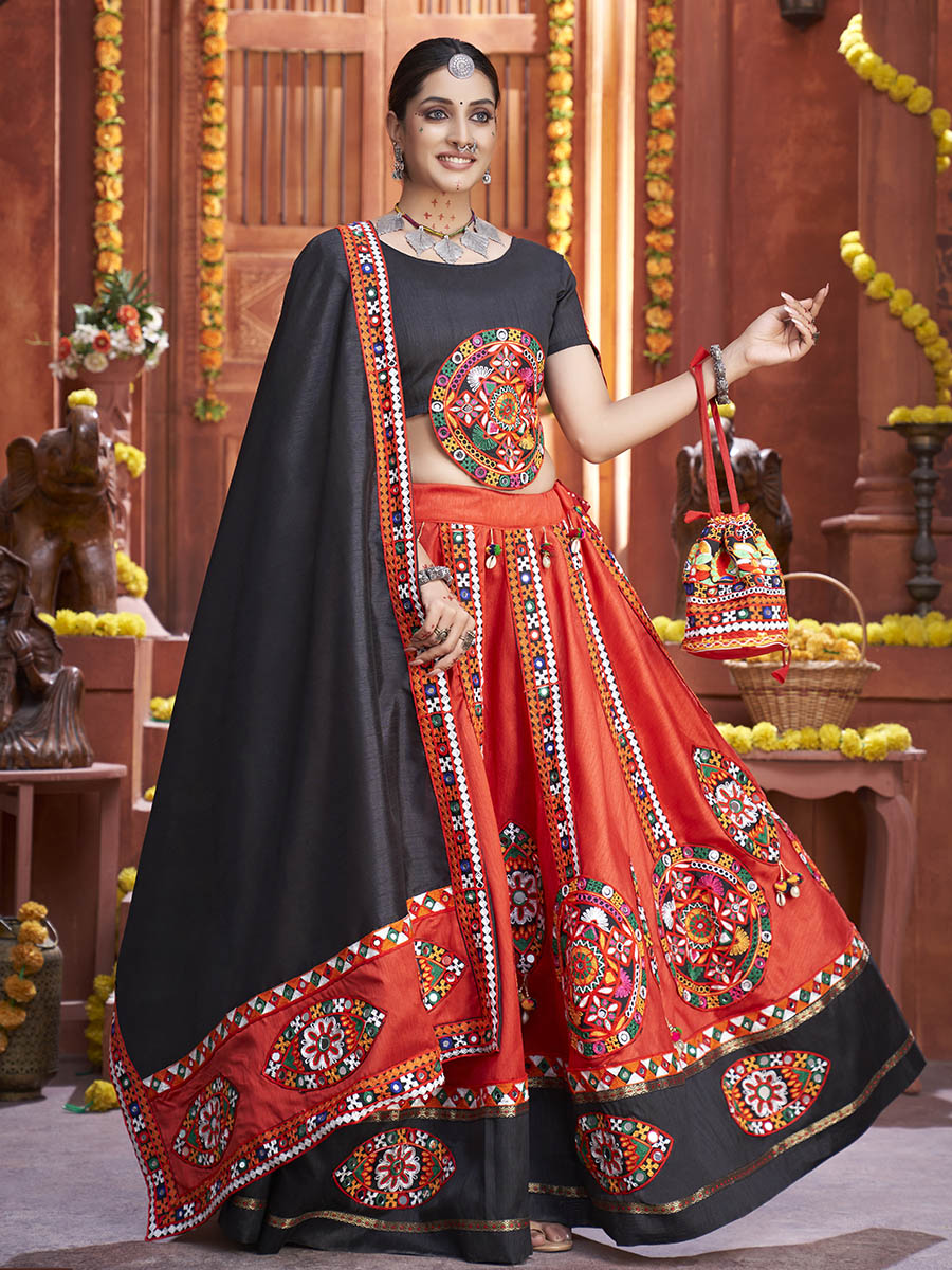 Red Art Silk Gamthi Work Designer Lehenga