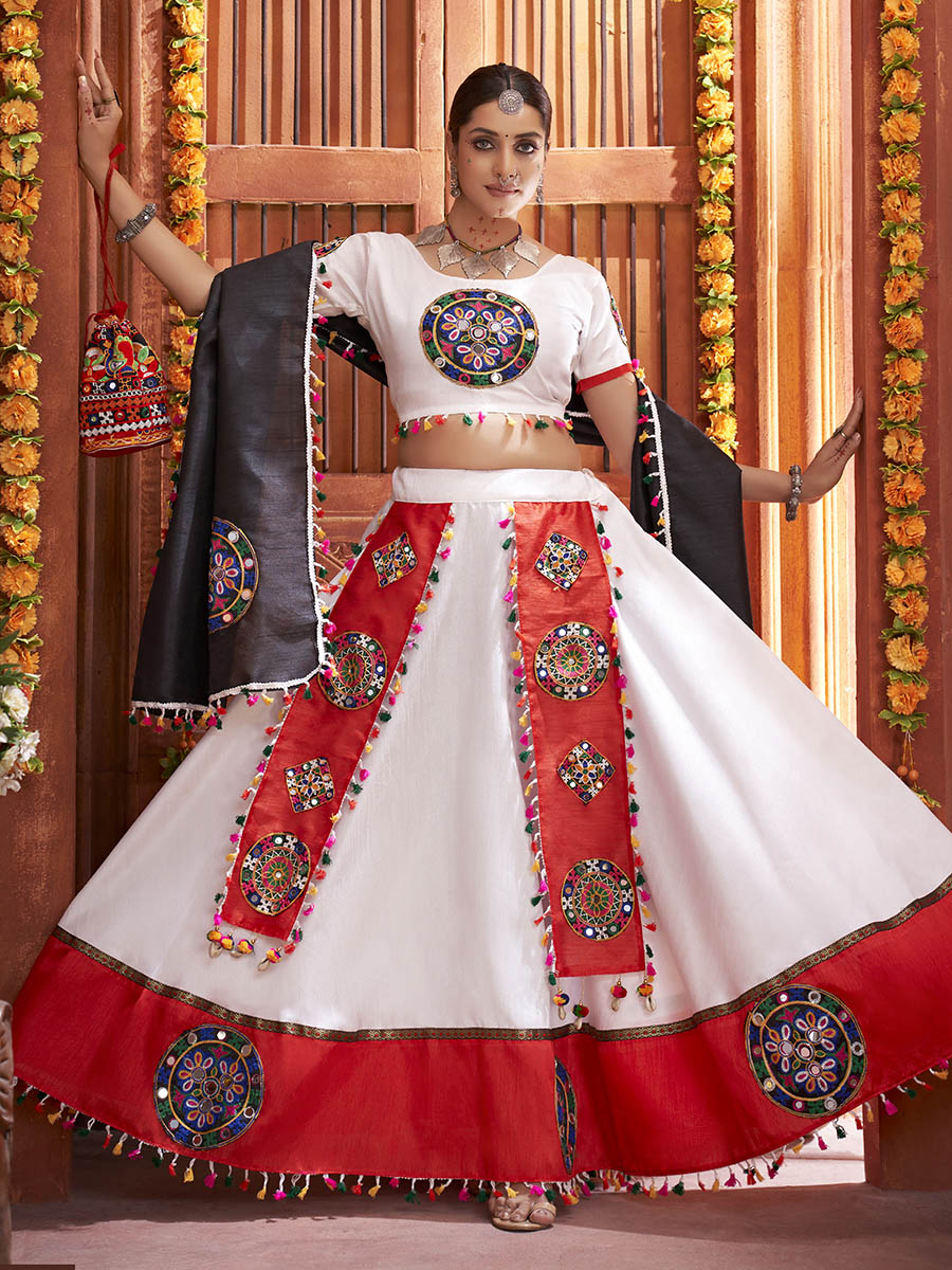 White Art Silk Gamthi Work Designer Lehenga