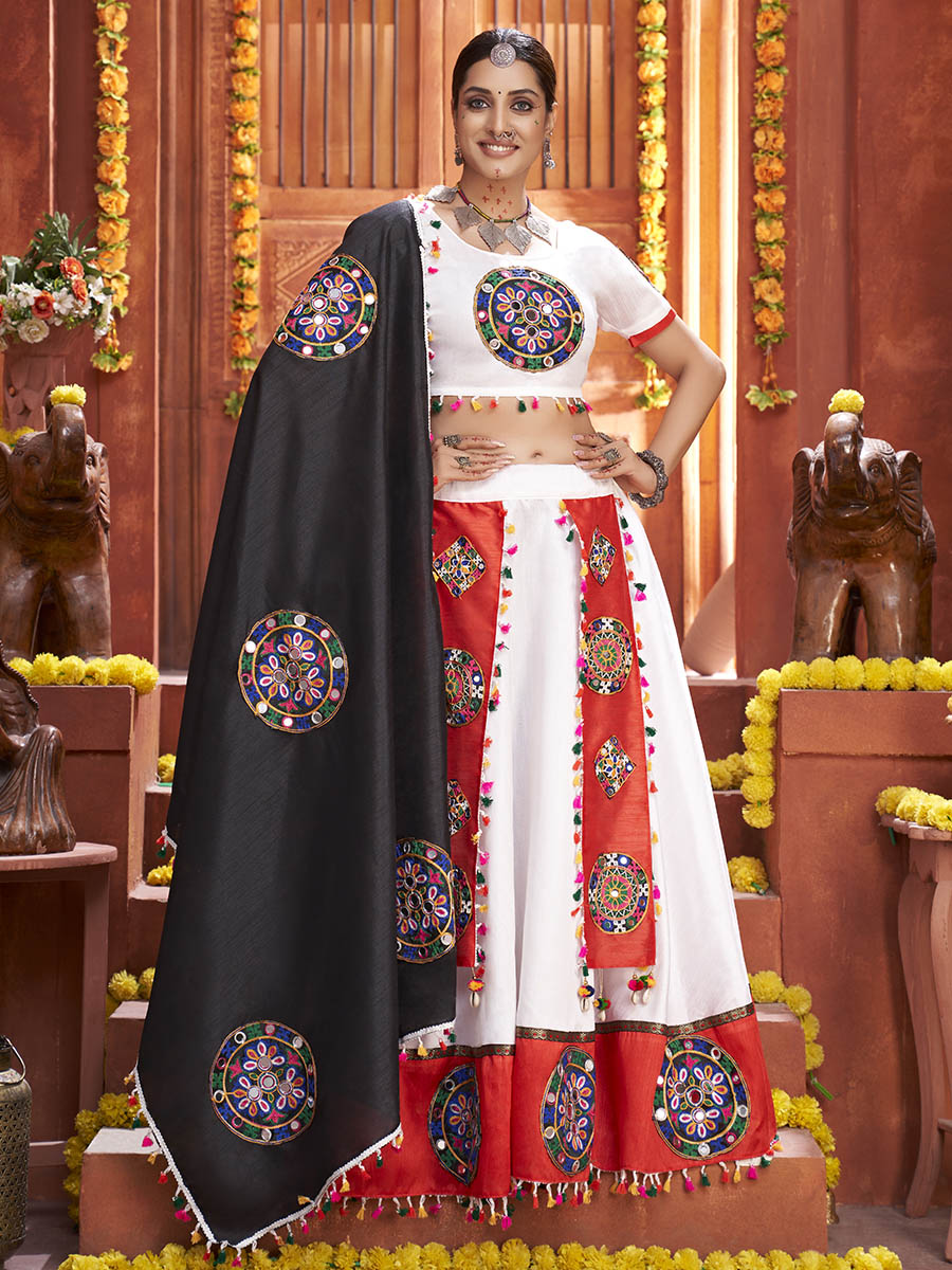 White Art Silk Gamthi Work Designer Lehenga