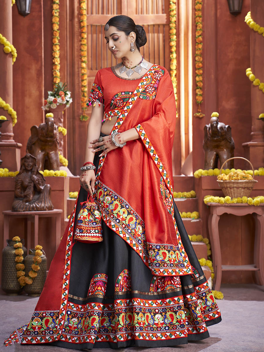 Black Art Silk Gamthi Work Designer Lehenga