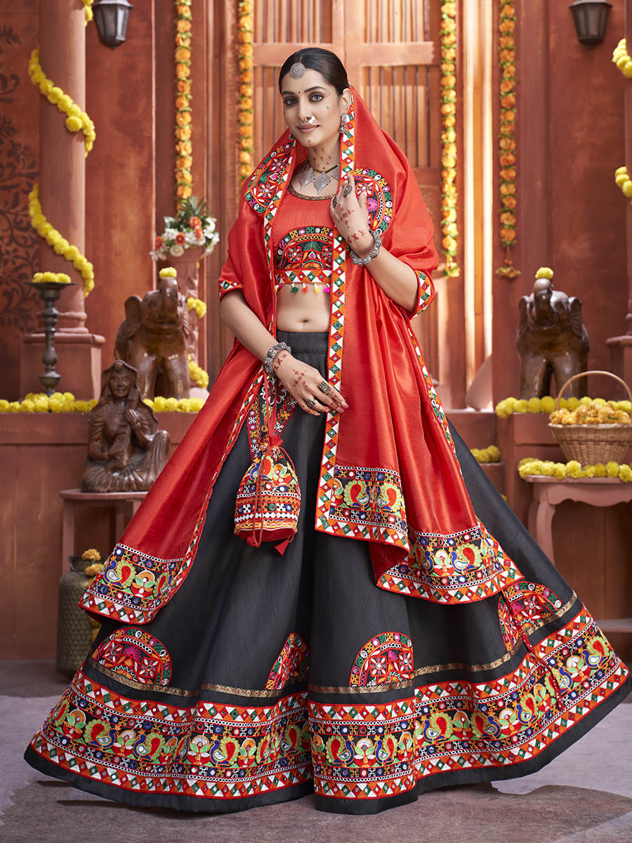 Black Art Silk Gamthi Work Designer Lehenga