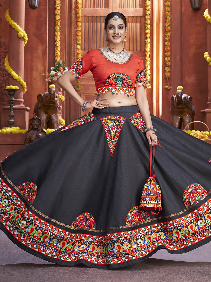 Black Art Silk Gamthi Work Designer Lehenga