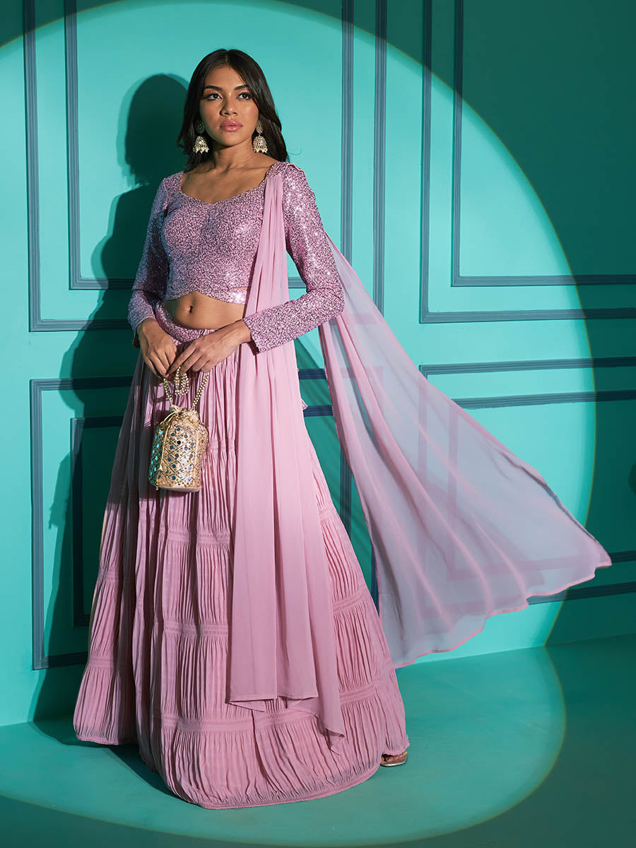 Dusty Pink Georgette Embroidered Designer Lehenga