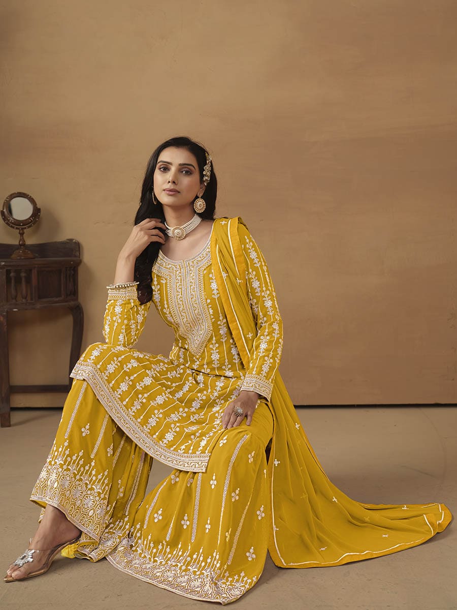 Lemon Yellow Georgette Embroidered Palazo Suit