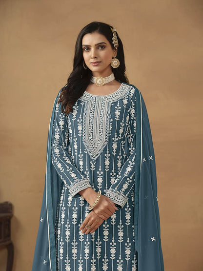 Sea Blue Georgette Embroidered Palazo Suit