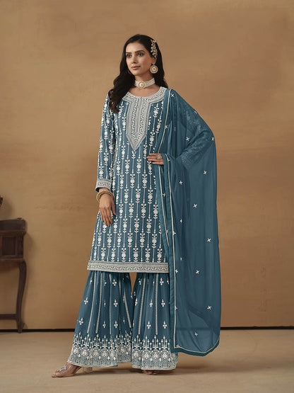 Sea Blue Georgette Embroidered Palazo Suit