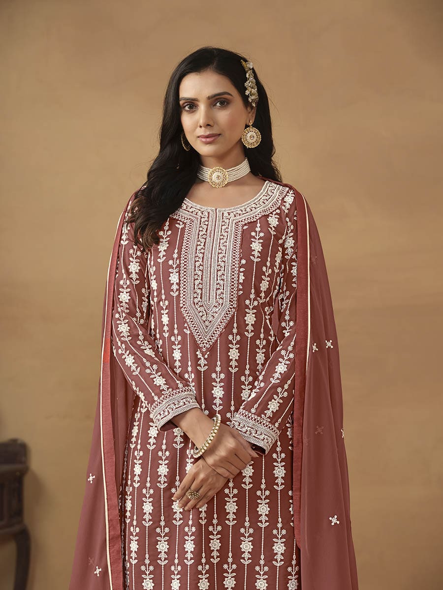 Dark Peach Georgette Embroidered Palazo Suit