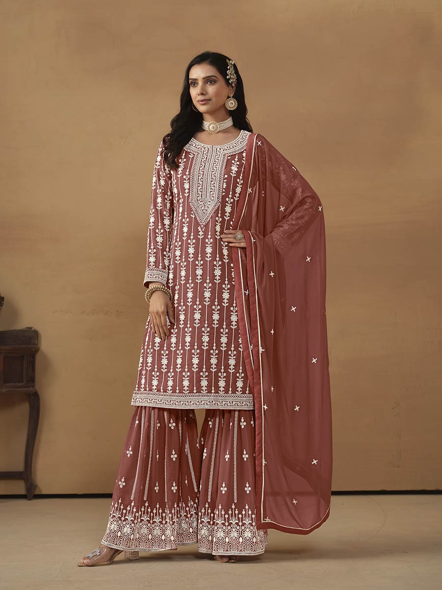 Dark Peach Georgette Embroidered Palazo Suit