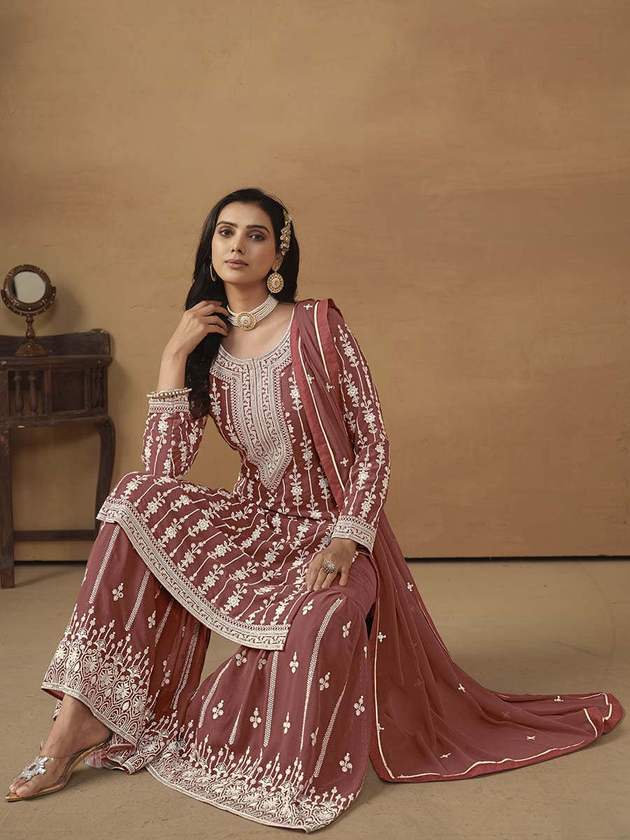 Dark Peach Georgette Embroidered Palazo Suit