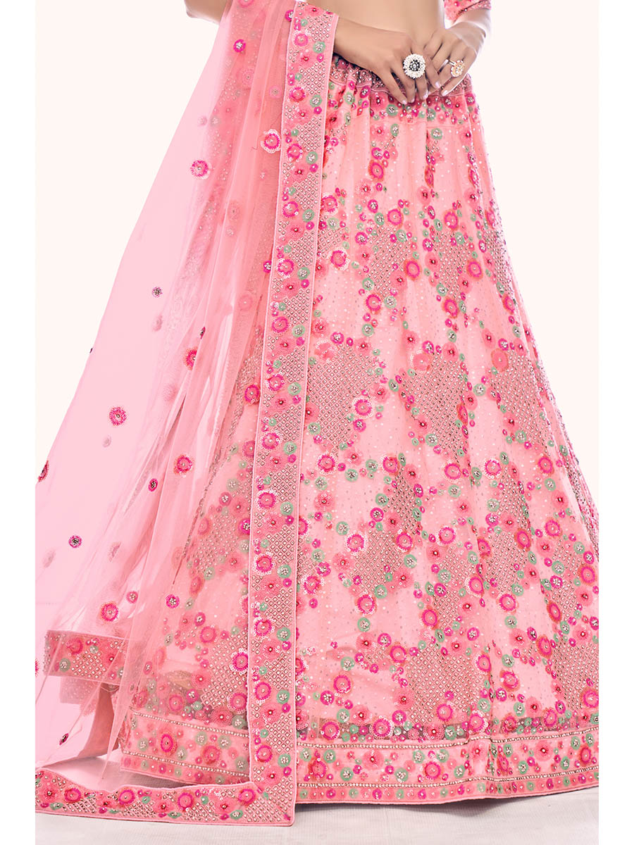 Peach Soft Net Embroidered Designer Lehenga Choli