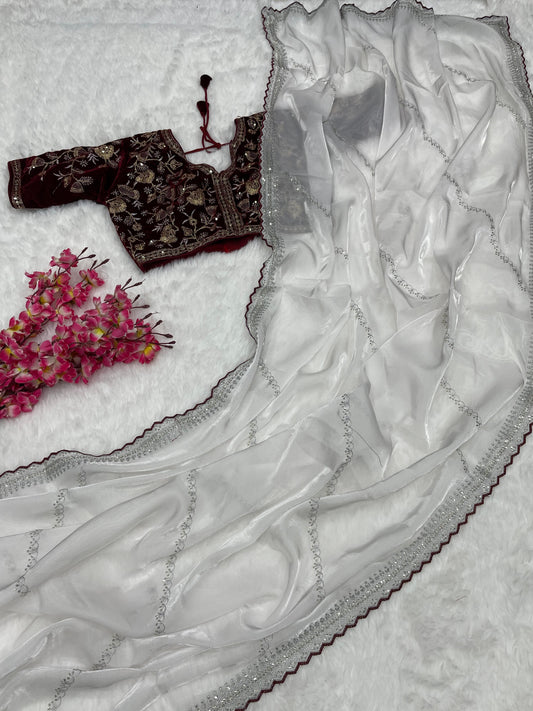 शुद्ध ज़िम्मी चू साटन वर्क साड़ी