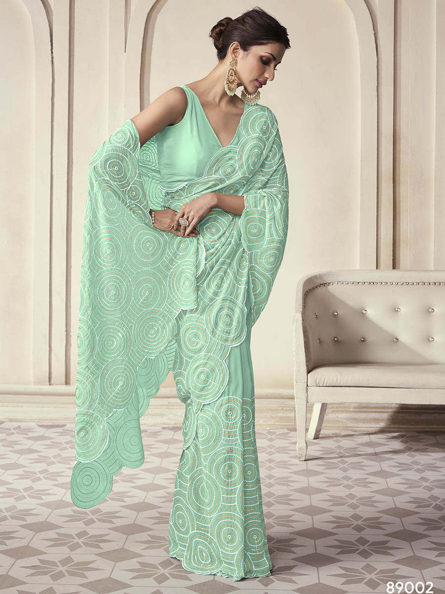 Blue georgette saree features gorgette blouse