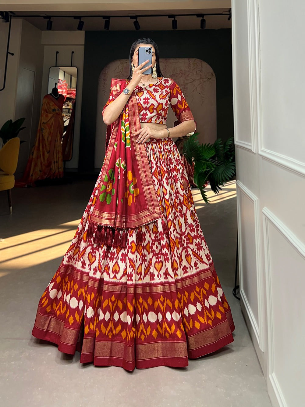 Patola Printed Tussar Silk Work Lehenga Choli