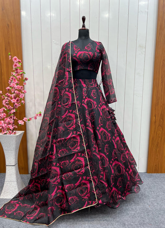 पेश है गुलाब प्रिंटेड ऑर्गेंजा वर्क लहंगा चोली