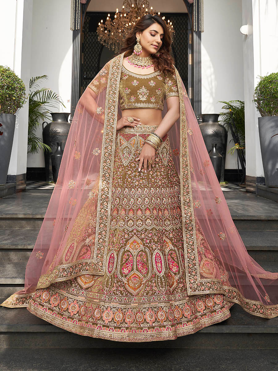 Olive Green Velvet Embroidered Designer Lehenga