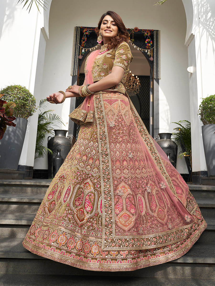 Olive Green Velvet Embroidered Designer Lehenga