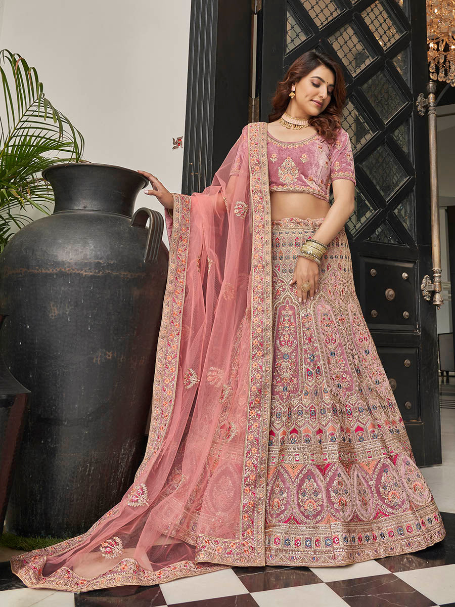 Mauve Velvet Embroidered Designer Lehenga