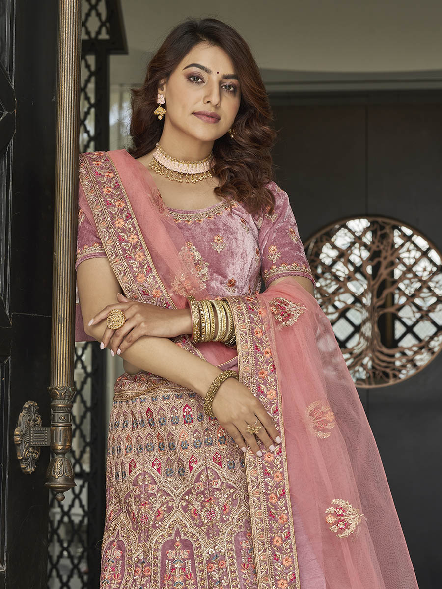 Mauve Velvet Embroidered Designer Lehenga