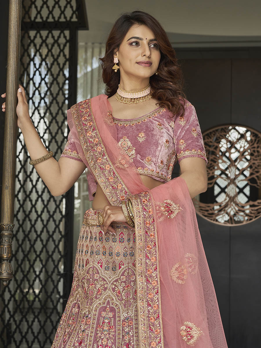 Mauve Velvet Embroidered Designer Lehenga