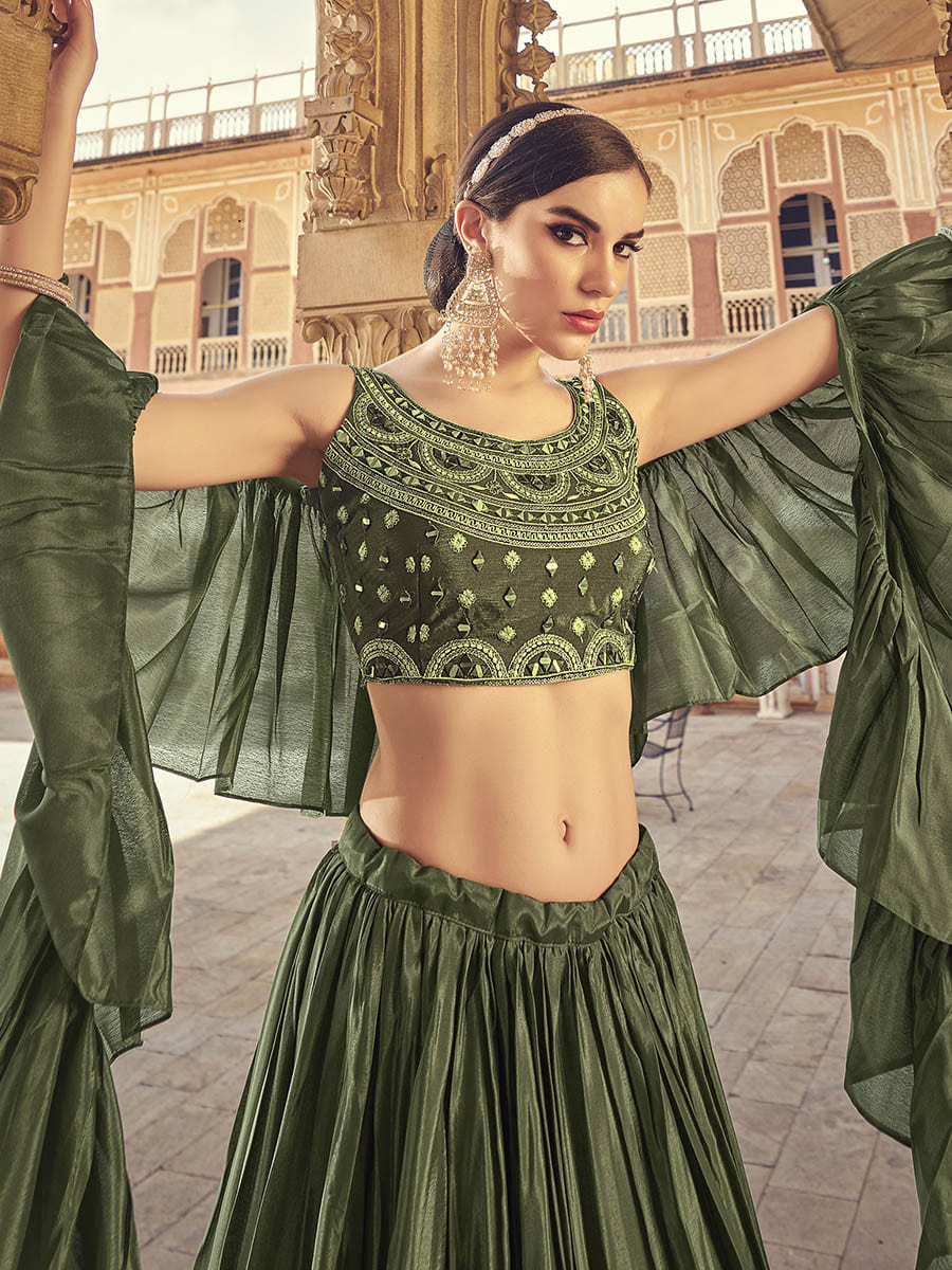 Olive Chinon & Art SIlk Embroidered Designer Lehenga Choli