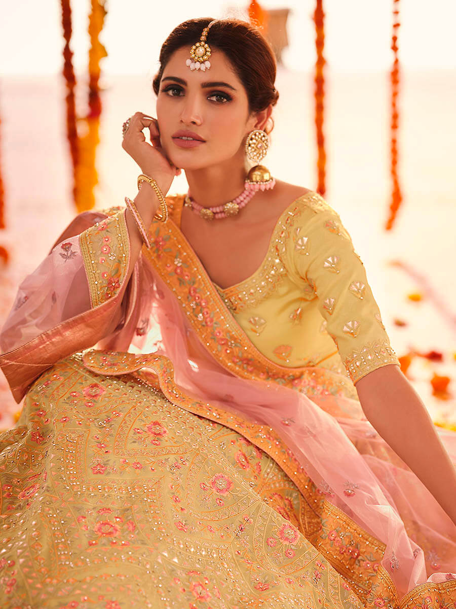 Yellow Organza Embroidered Designer Lehenga