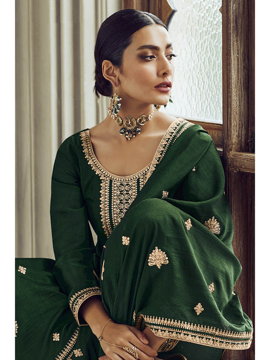 Bottle Green Premium Silk Embroidered Pant Style Suit