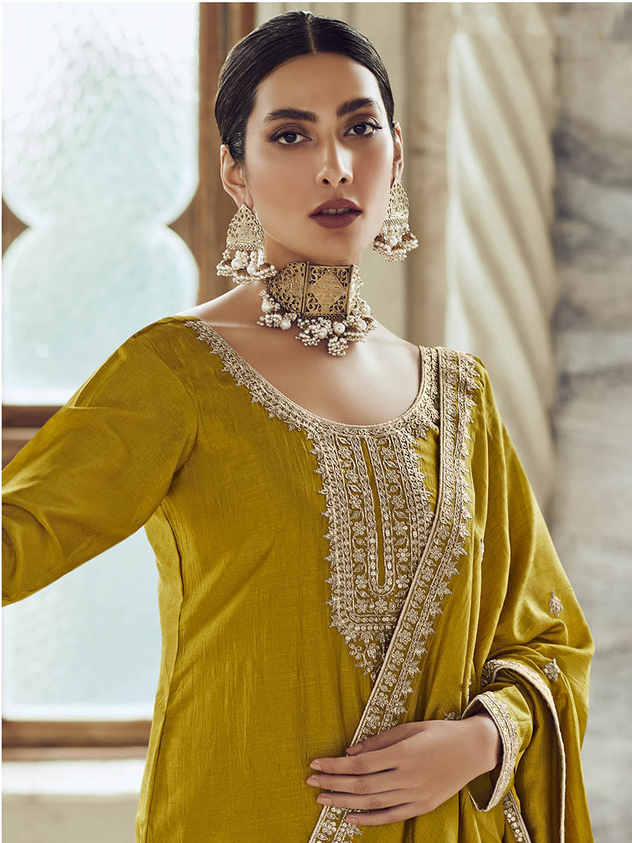 Mustard Yellow Premium Silk Embroidered Pant Style Suit