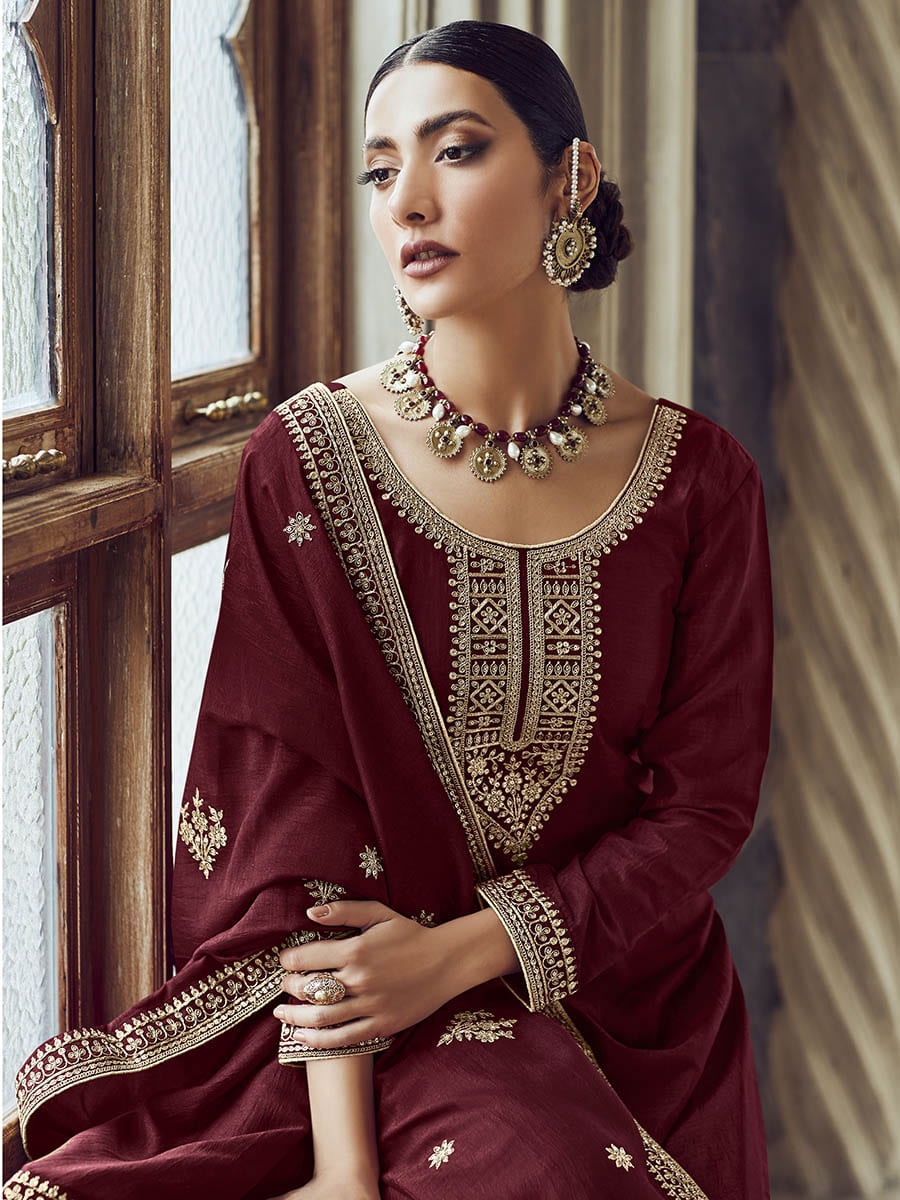 Maroon Premium Silk Embroidered Pant Style Suit