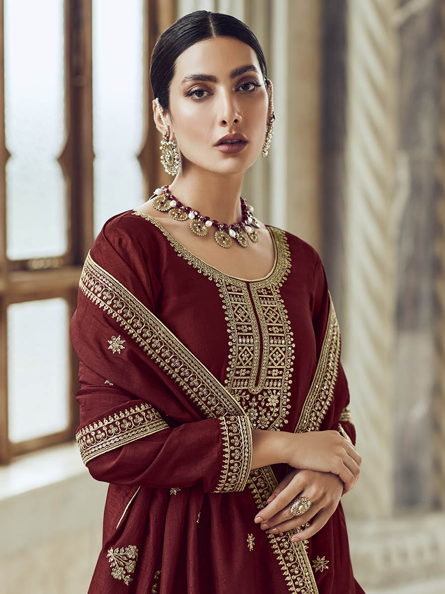 Maroon Premium Silk Embroidered Pant Style Suit