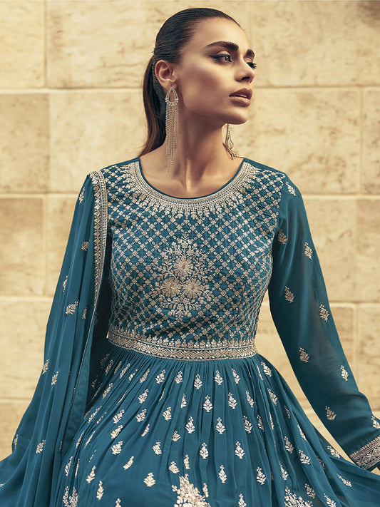 Firozi Real Georgette Gharara Style Embroidered Suit