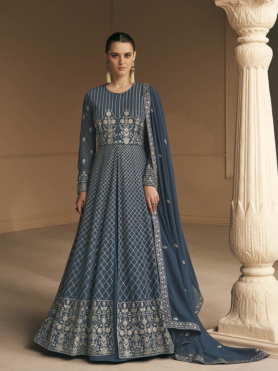 Grey Georgette Embroidered Designer Suit