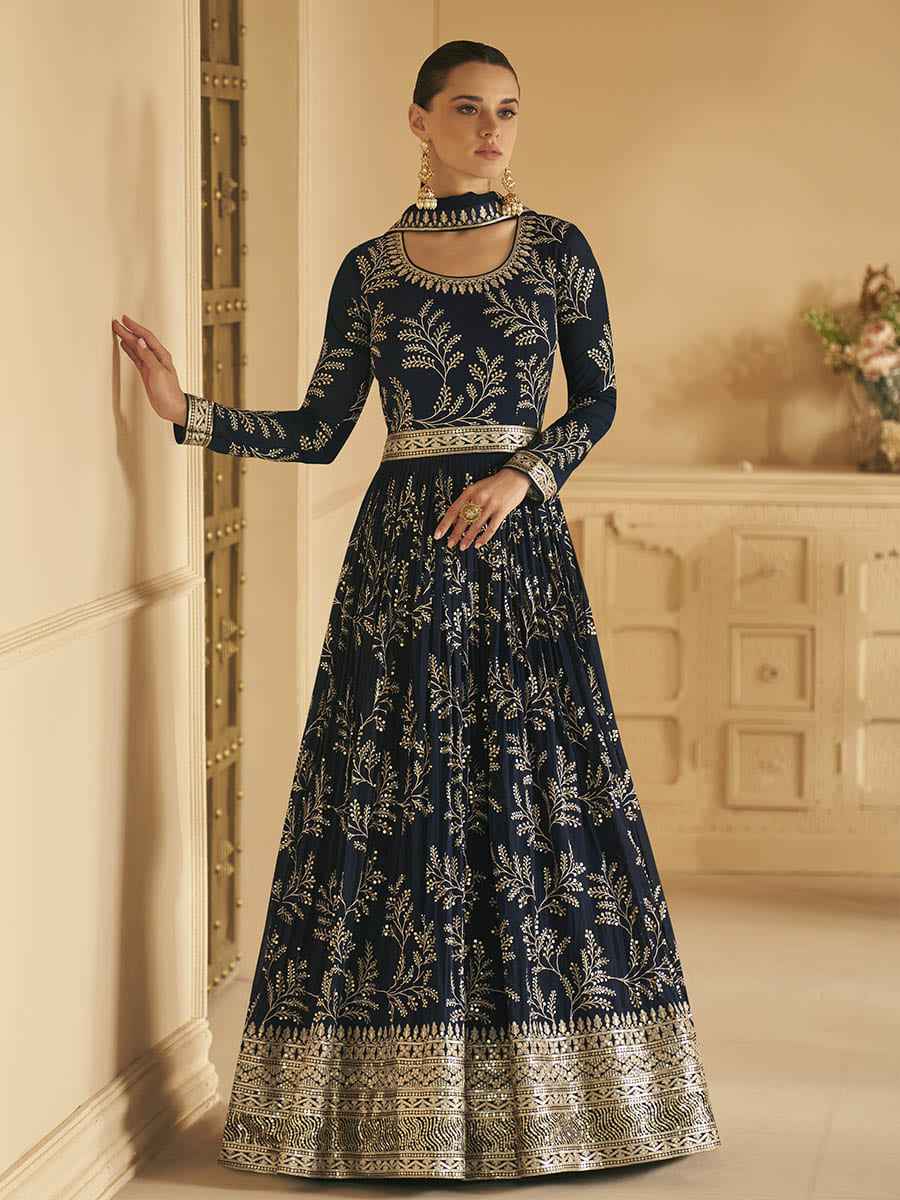 Navy Blue Georgette Embroidered Designer Suit