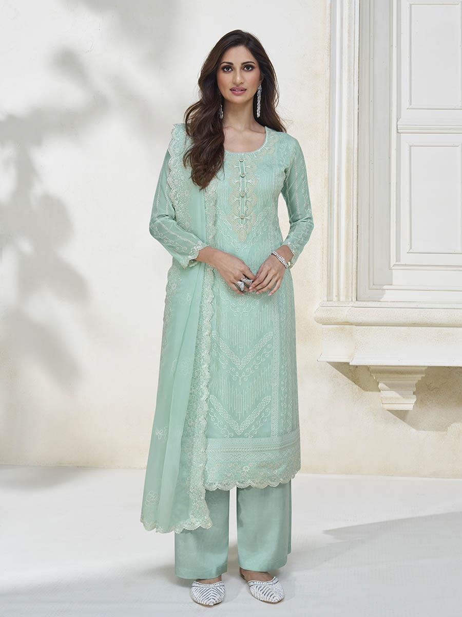 Pastel Sea Green Silk Embroidered Pant Style Suit