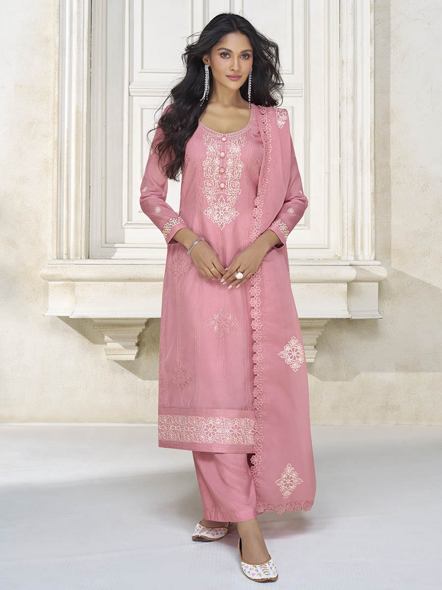 Dusty Pink Organza Silk Embroidered Pant Style Suit