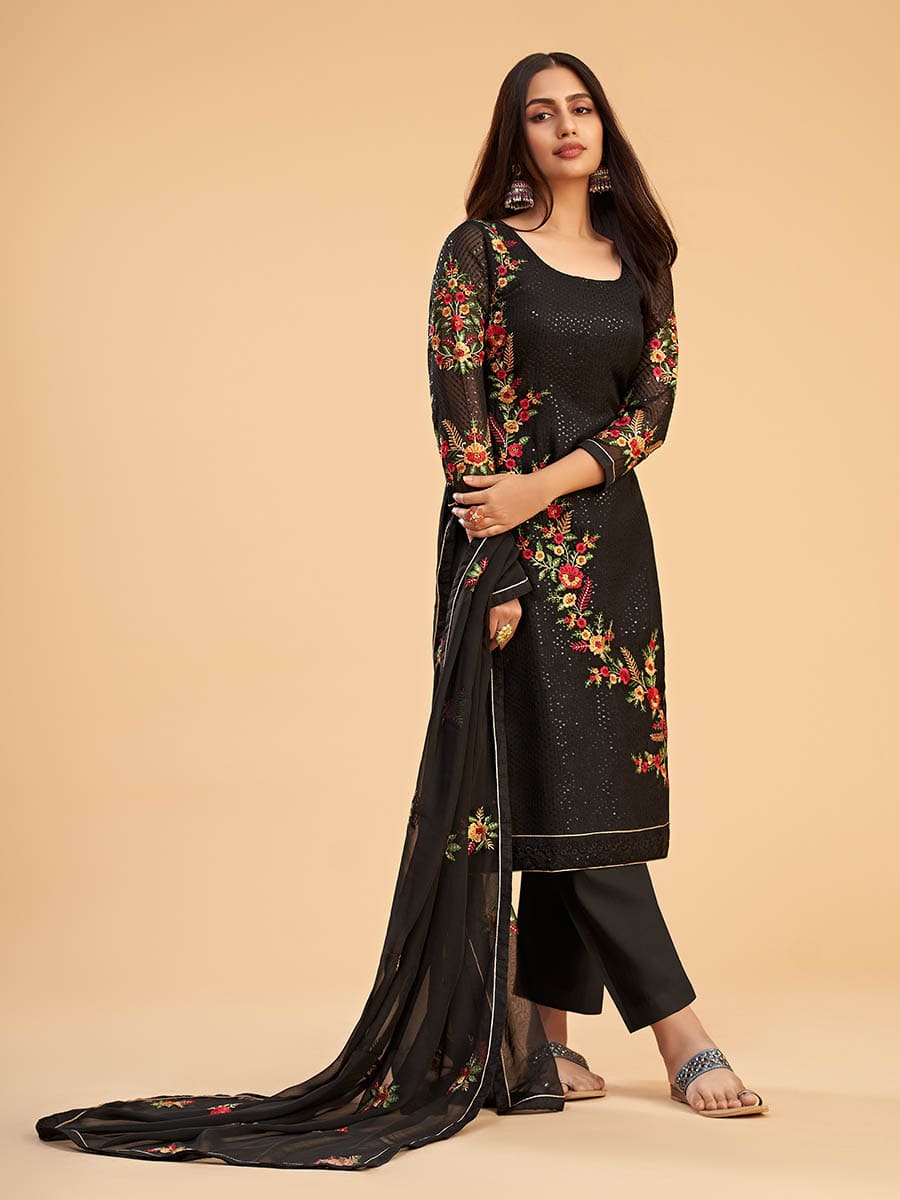 Black Georgette Embroidered Pant Style Suit