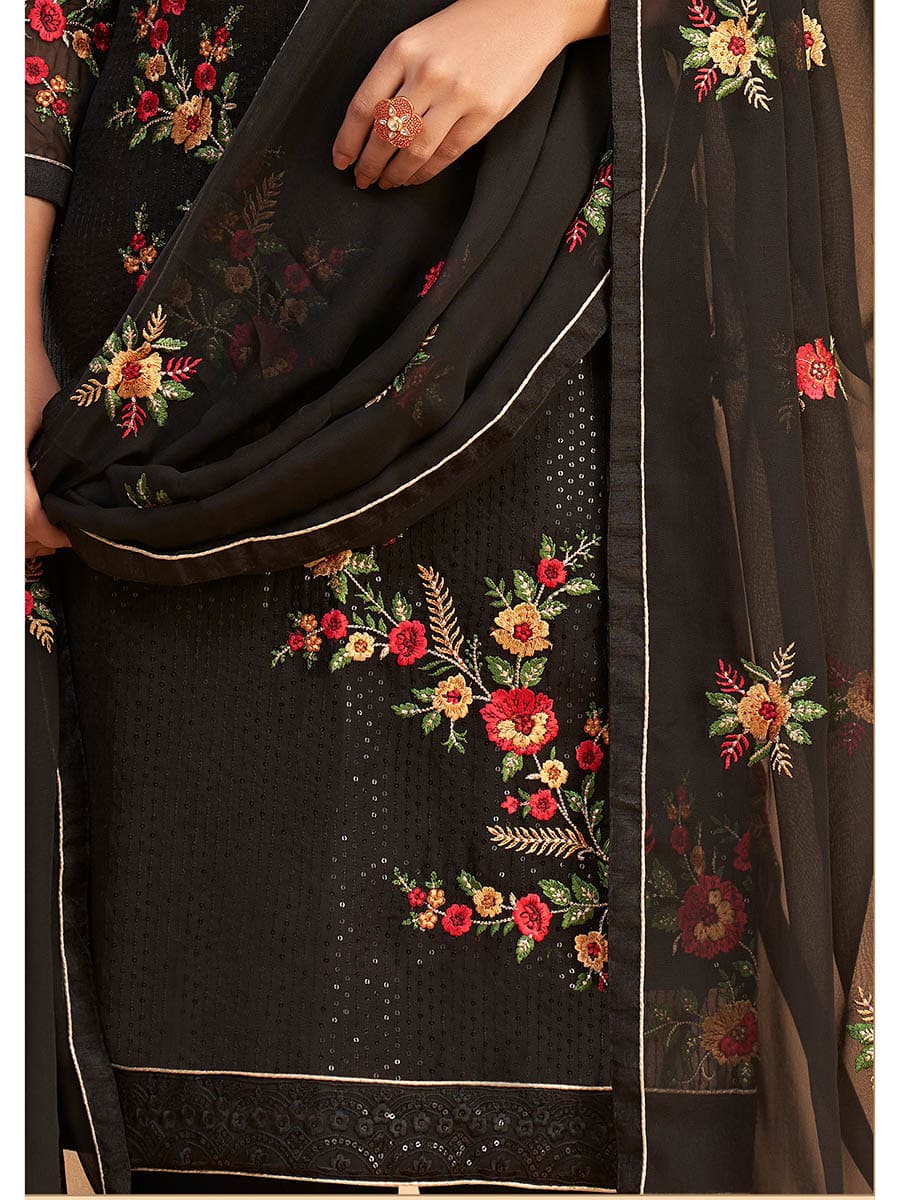 Black Georgette Embroidered Pant Style Suit