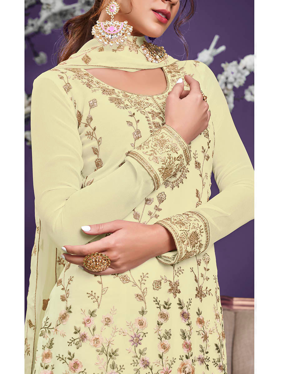 Light Yellow Floral Thread Embroidered Palazo Suit