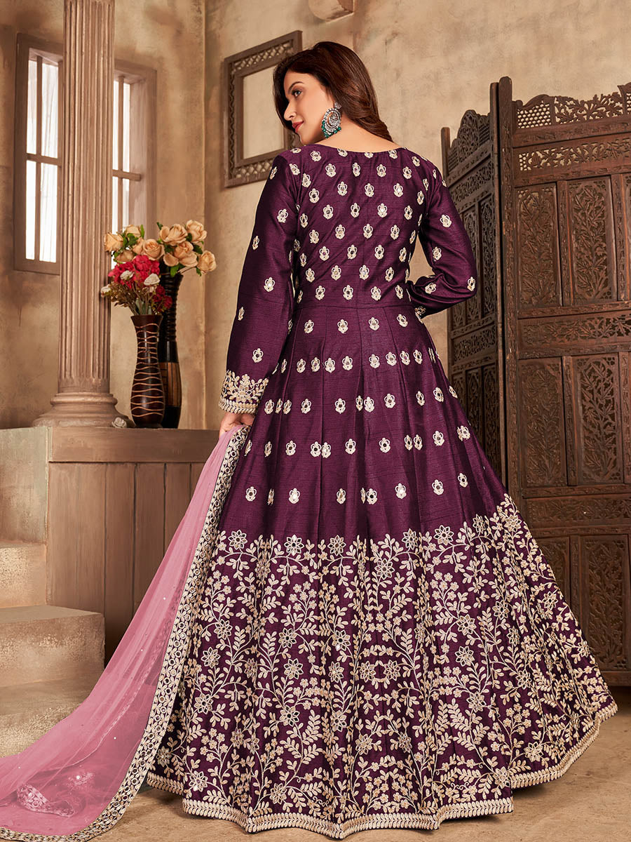 Wine Art silk Embroidered Pant Style Anarkali Suit