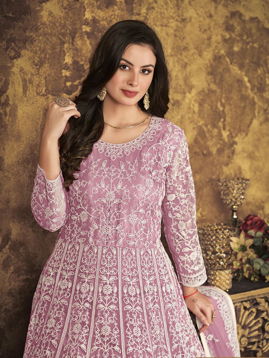 Dusty Pink Butterfly Net Embroidered Anarkali Suit