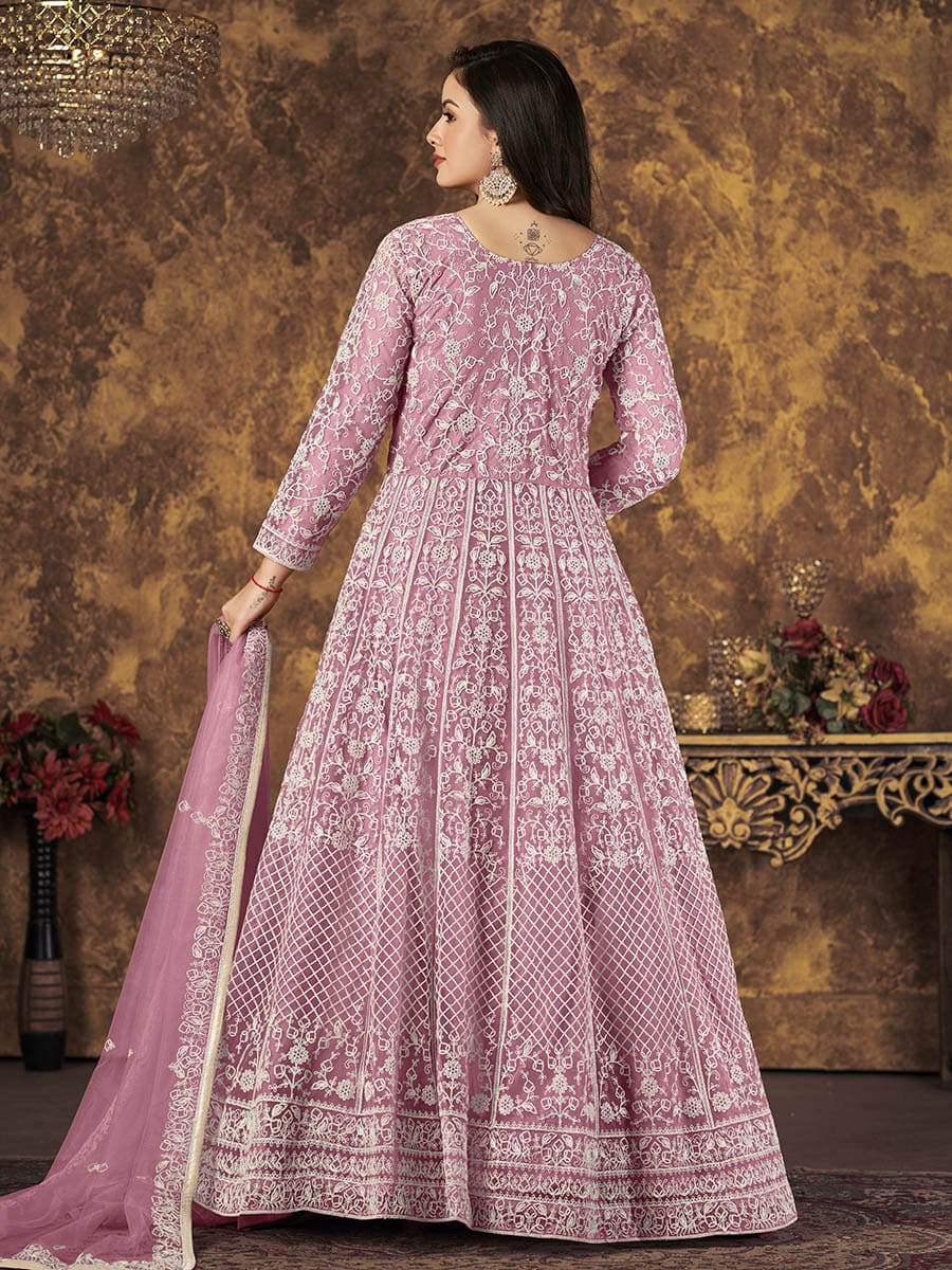 Dusty Pink Butterfly Net Embroidered Anarkali Suit