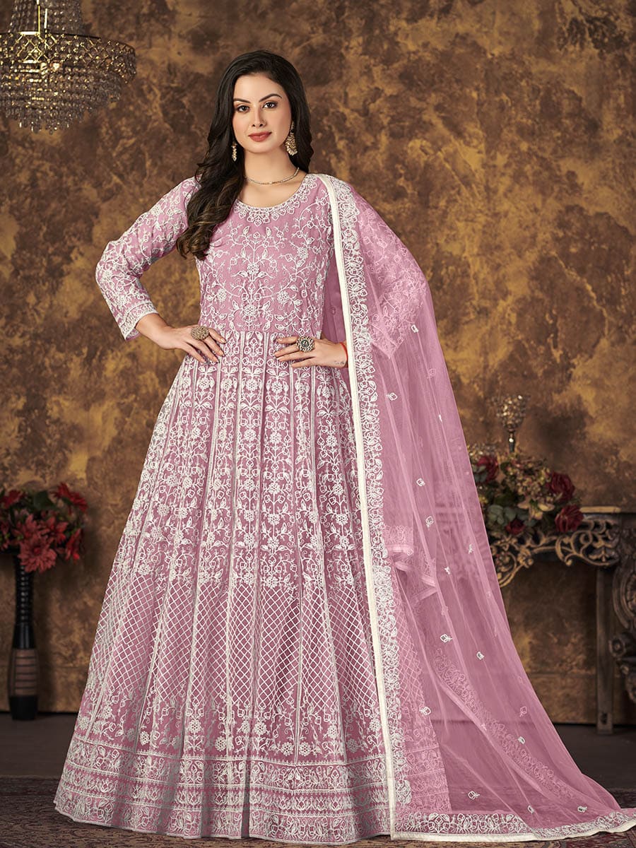 Dusty Pink Butterfly Net Embroidered Anarkali Suit