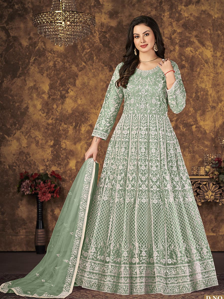 Dusty Pista Butterfly Net Embroidered Anarkali Suit