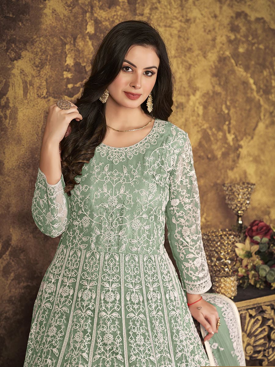 Dusty Pista Butterfly Net Embroidered Anarkali Suit