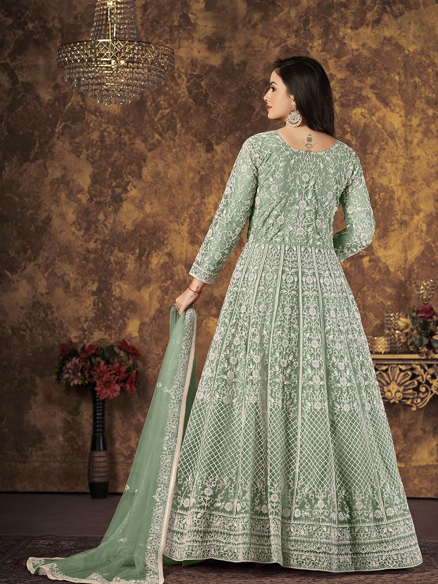 Dusty Pista Butterfly Net Embroidered Anarkali Suit