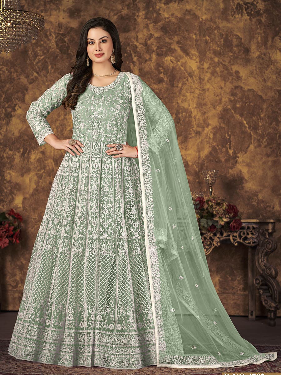 Dusty Pista Butterfly Net Embroidered Anarkali Suit